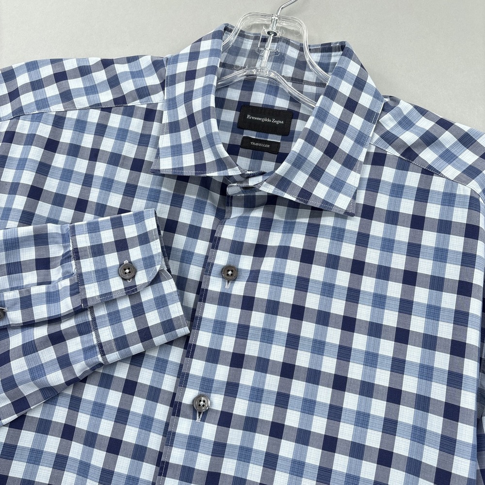 Ermenegildo Zegna Shirt Mens Large Blue Gingham Traveller Long Sleeve Dress